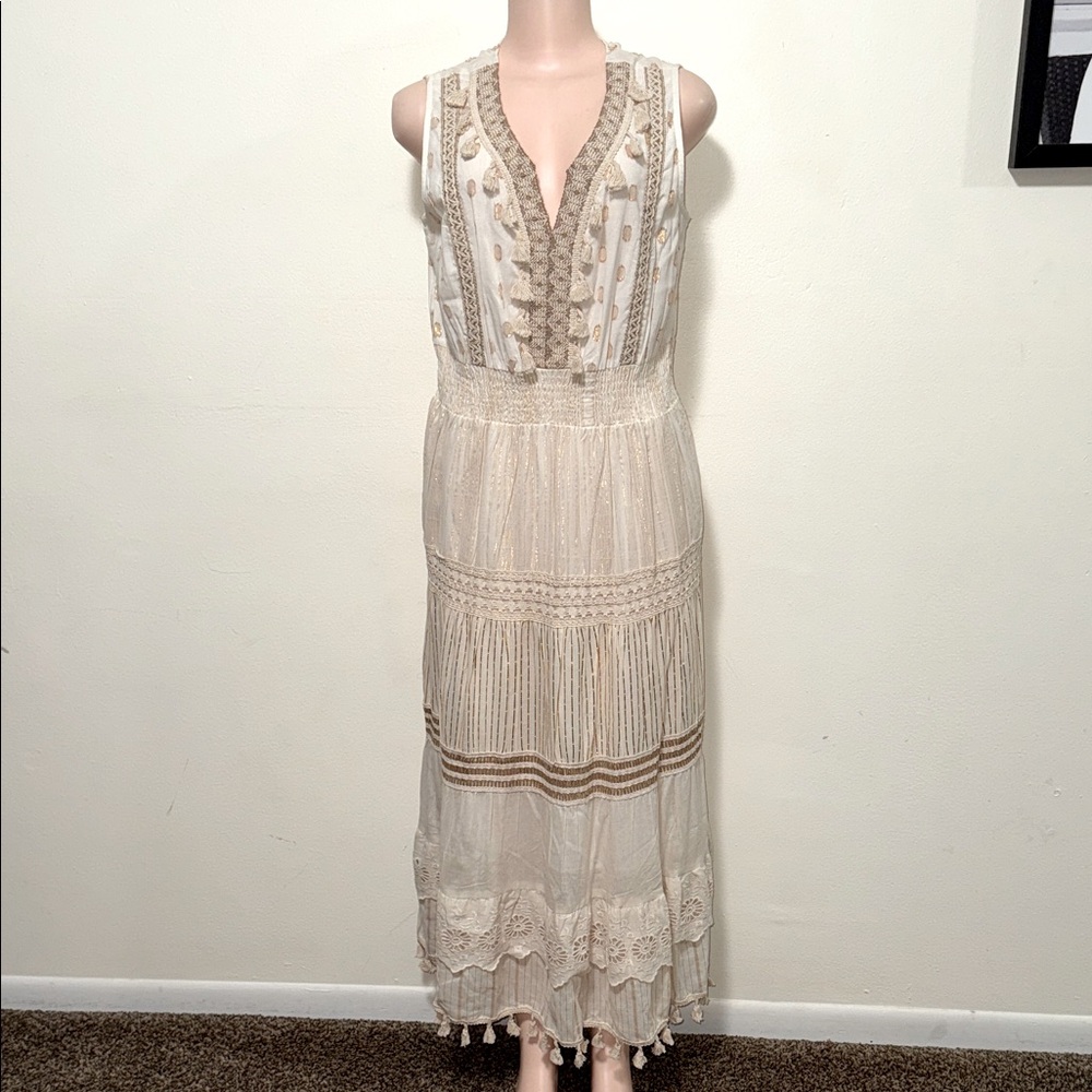 Dress NAOO NWOT woman size large bohemian style dress tassel rose gold specks